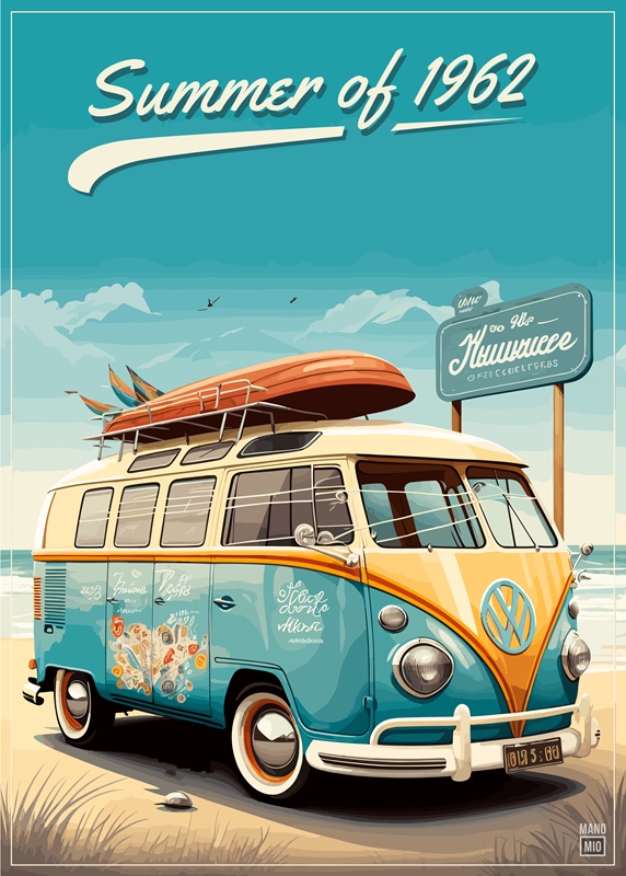 Poster Vector illustration of vintage posters, retro a minibus for travel.  Freehand drawing 