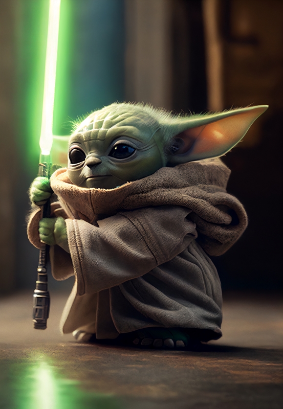 Bébé Yoda avec sabre laser affiches et impressions par drdigitaldesign -  Printler